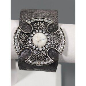 Maltese Cross Snap‎ Cuff Bracelet Faux Leather Gray Crystal Accent 7.25 in